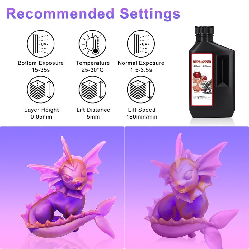 RepRapper Dual Color Water Washable 3D Printer Resin, 405nm Fast UV-Curing Color Change 1kg 3D Printing Resin Photopolymer Sensitive Resin for LCD Printer, Blueish Purple, 1000g - Image 3